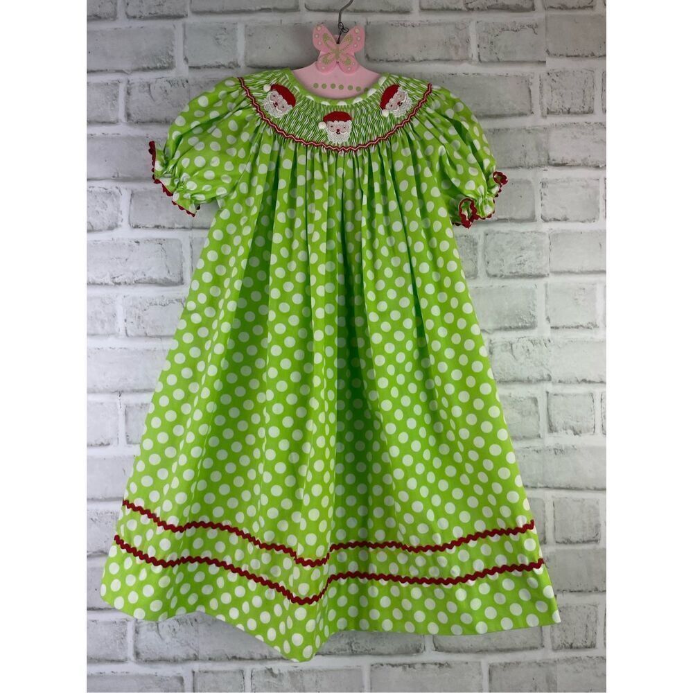 Smockadot Kids Size 3T Santa Face Embroidered on Green White Dotted Dress